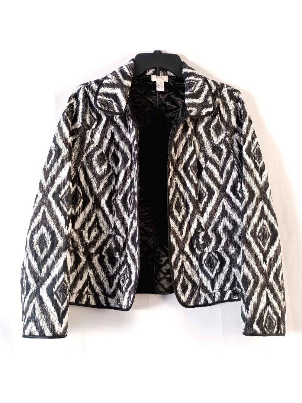 Chico's Ikat Quilted Jacket Womens M 8 Black White Open Front Blazer